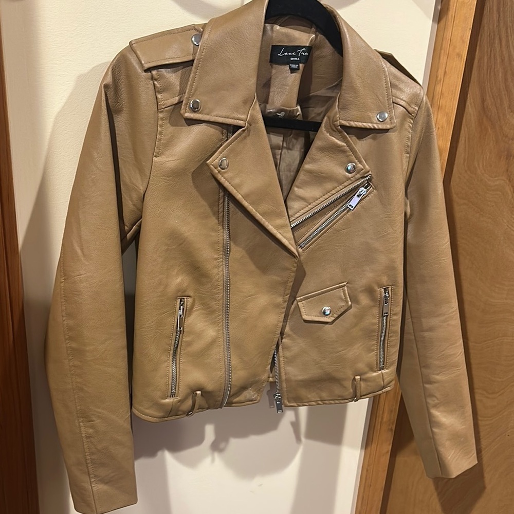 Love Tree Tan Leather Jacket Asymmetrical Zipper